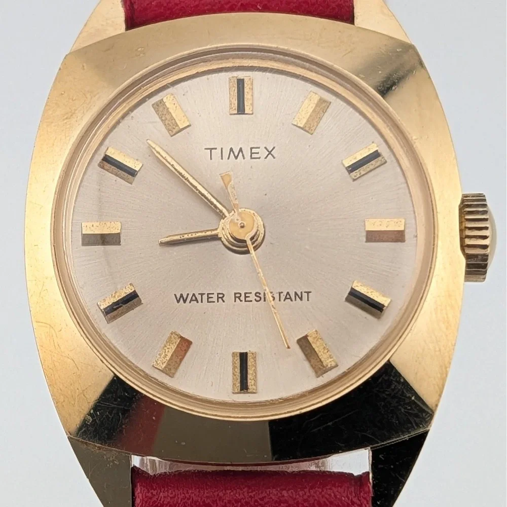 Vintage Timex Manual Wind Women's Gold Tone Cushion Case Watch Red Strap 24mm